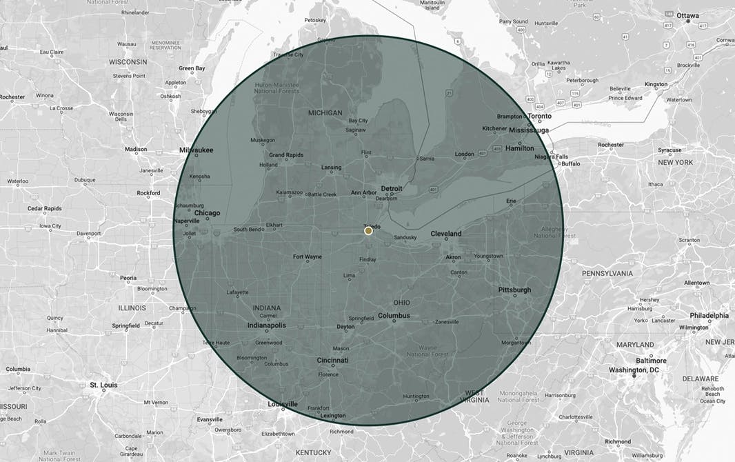 Map with the area around Toledo, Ohio highlighted.